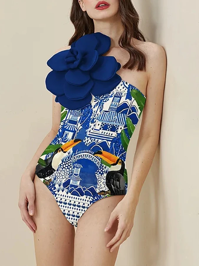 Modeprint Één Schouder Uit Één Stuk Badpak Nieuw Blauw 3d Driedimensionale Bloemenbikini En Overdekte Toucan-Print Skinny