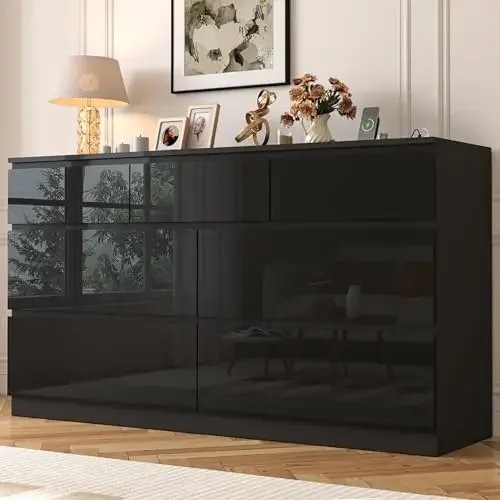 55 INCH 7 Drawers Dresser with Power Outlet, Wide High Gloss Chest of Drawers Large, Modern Storage Drawer Dresser for