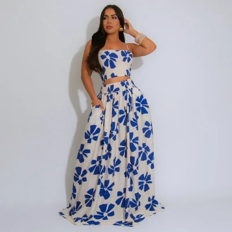 

GUWU женский комплект, элегантный топ на бретельках с принтом + свободные длинные юбки, костюмы, летние повседневные пляжные комплекты из двух предметов, комплекты одежды