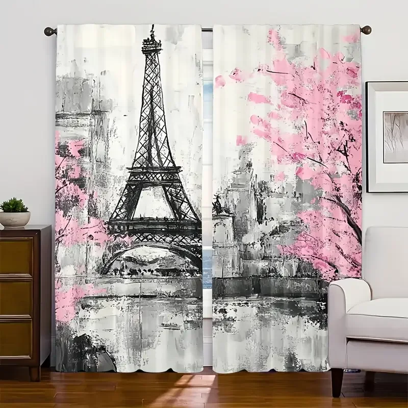 2pcs Artistic Paris Eiffel Tower Printed Curtains, Designed for Light Filtering, Quality Material, Ideal for Travel-Themed Home