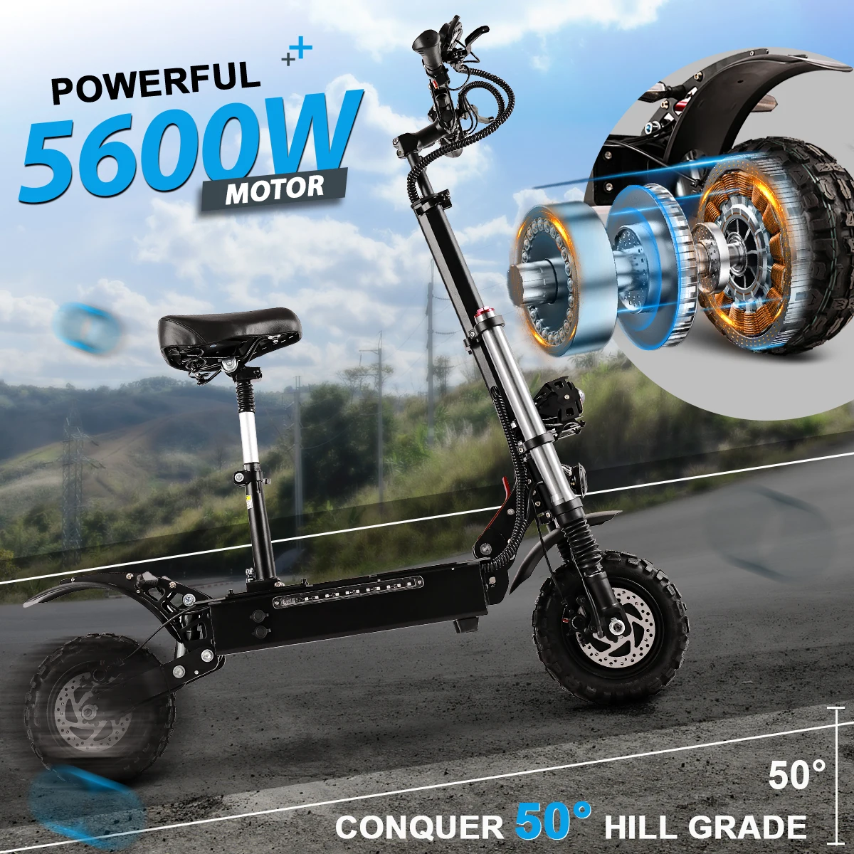 Electric Scooter Adults 5600W Dual Motor 60V 38.5Ah Battery  Dual Hydraulic Shock Absorption 11'' Vacuum Off-Road  Tires