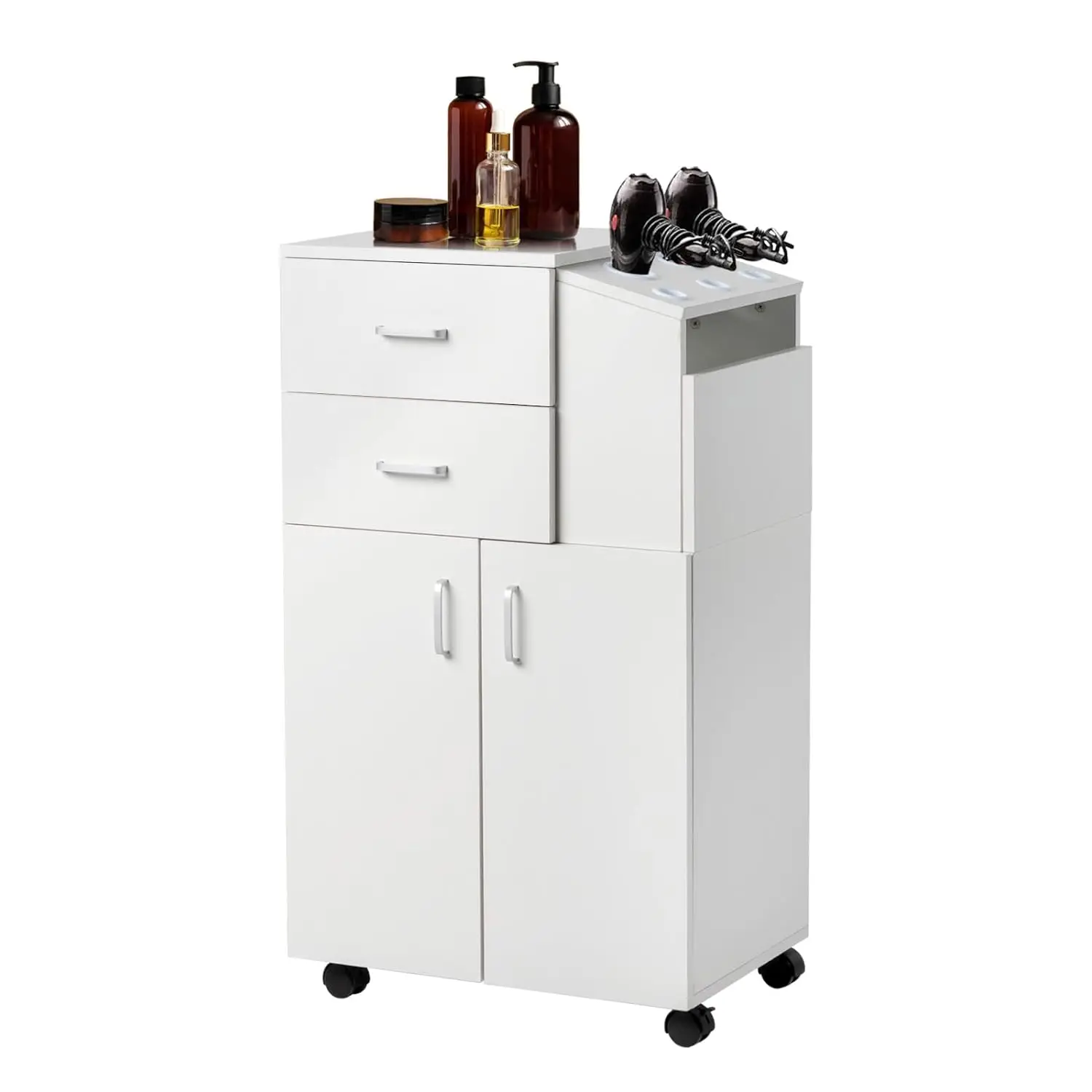 

Salon Trolley Cart with Wheels, Salon Station Rolling Cart with 5 Hair Dryer Holders, 2 Drawers, 1 Large Cabinet