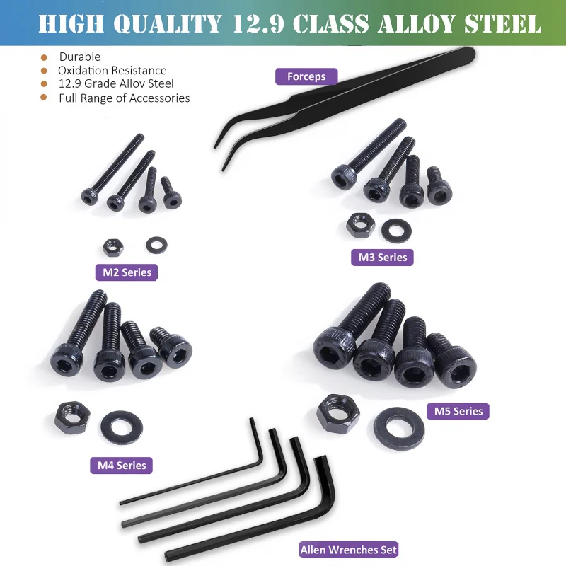 840PCS M2 M3 M4 M5 Socket Head Screw Nut Kit, 12.9 Alloy Steel Metric Bolt Set with Box & 4 Hex Wrenches, DIN 912 Black