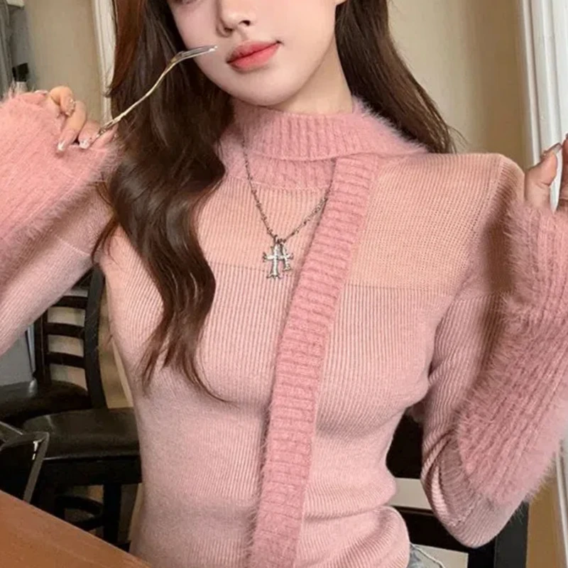 

Осень-зима, французские пуловеры из искусственного меха норки, женская одежда, вязаный свитер с длинными рукавами, облегающие топы