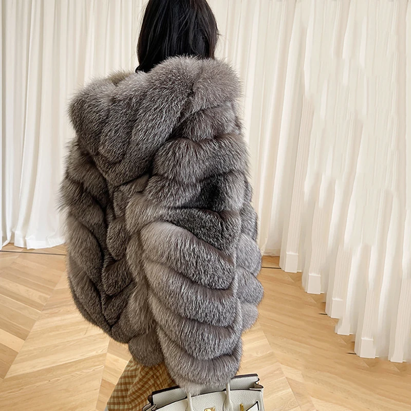 Warmer Damenmantel 2025, neue Mode, hochwertiger Damen-Pelzmantel, Wintersaison-Stil, dicker Fuchspelz mit Kapuze, Fell und Kunstpelz H714