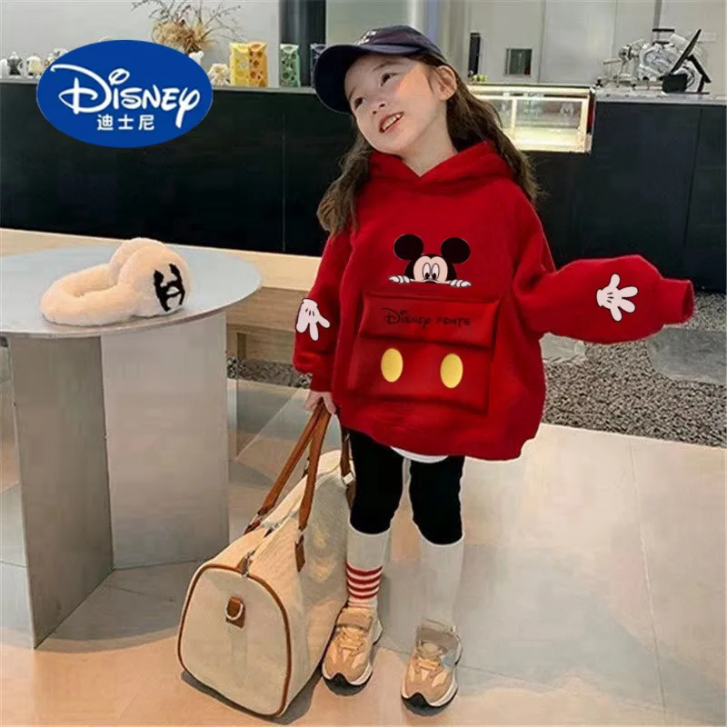 

Red Disney Mickey & Minnie Mouse Girls Hoodie, 2025 Winter Fleece-Lined Thickened Pullover, Cute Korean Style Hot Kids Fashion