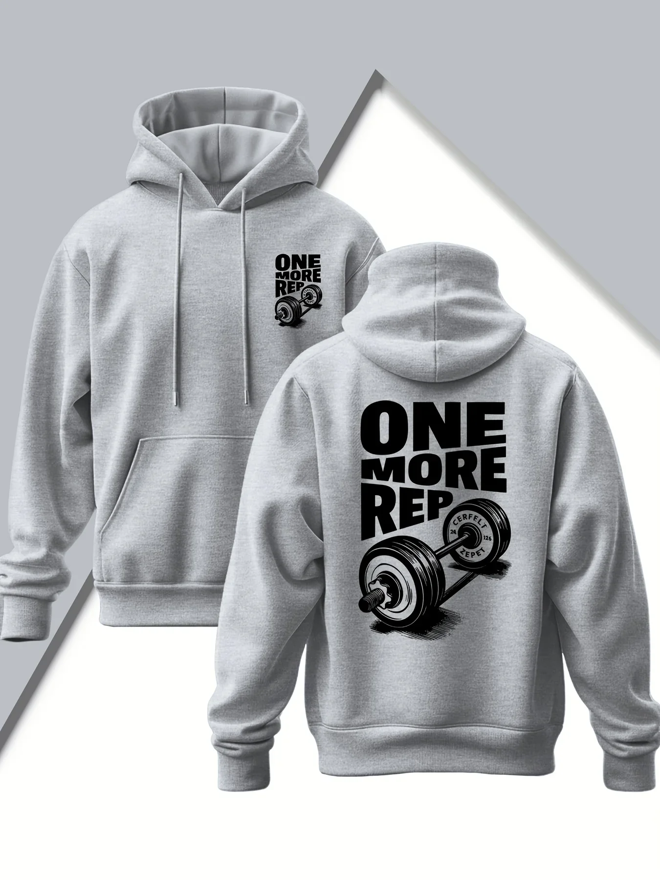 Moletom com capuz para treino de ginástica masculino, estampa frontal e traseira com barra de peso e a frase "One More Rep", moletom com capuz para tr