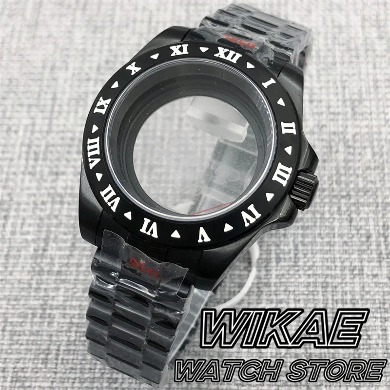 40mm Full Black Watch Case Fixed Bezel Luminous Roman Digita Sapphire Glass fit NH34NH35 Mingzhu Miyota PT5000 Movement