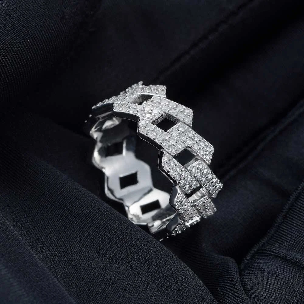 Anillos de moissanita completos de lujo para hombres y mujeres, anillo de cadena cubana de diamante de doble fila, joyería fina de Hip Hop de plata