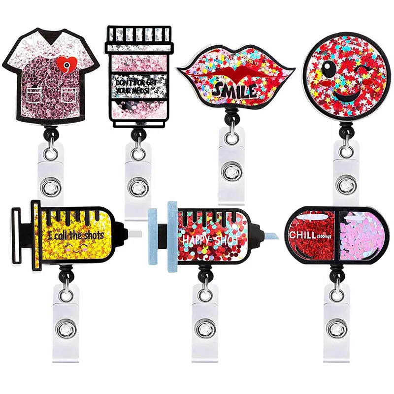 

New Design Quicksand Injector & Pill Badge Reel Retractable ID Badge Holder With 360 Rotating Alligator Clip Name Holder