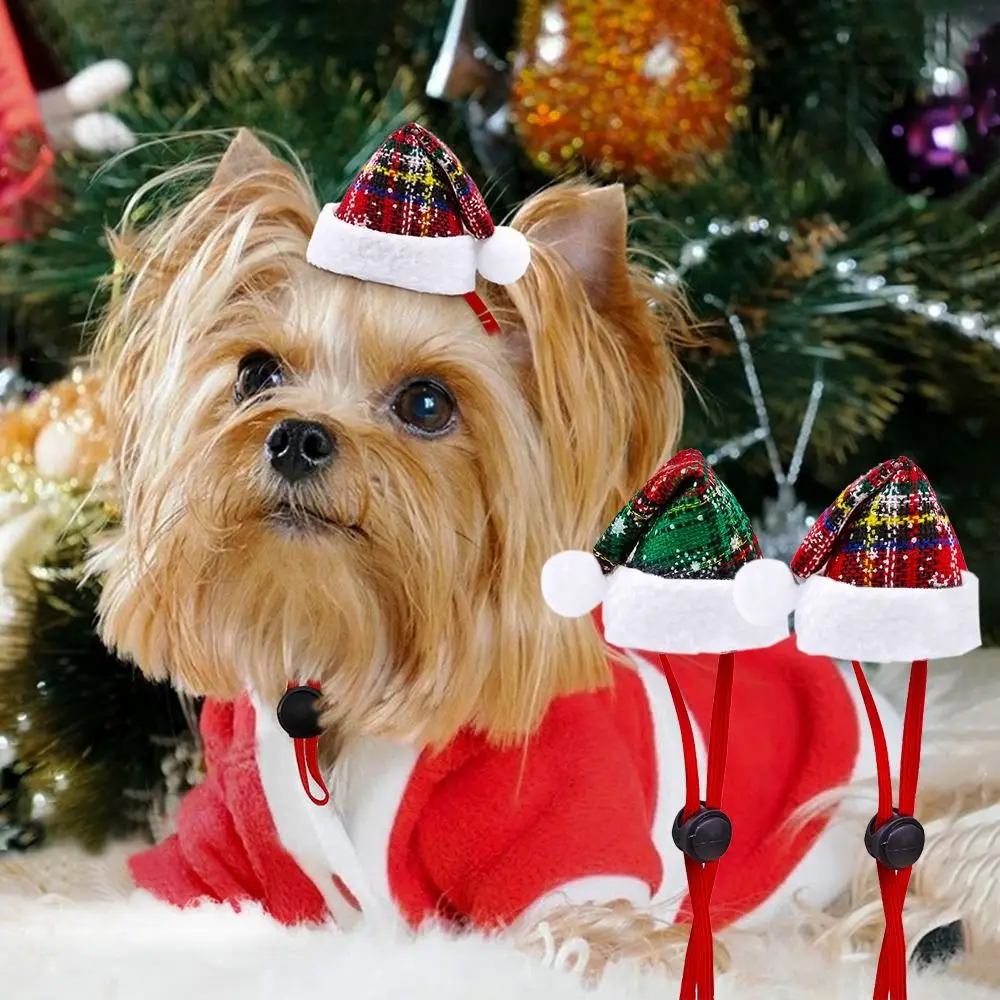 Decorative Christmas Pet Hat Cloth Red/Green Puppy Christmas Hat with Drawstring Adjustable Cat Headgear Hat Christmas