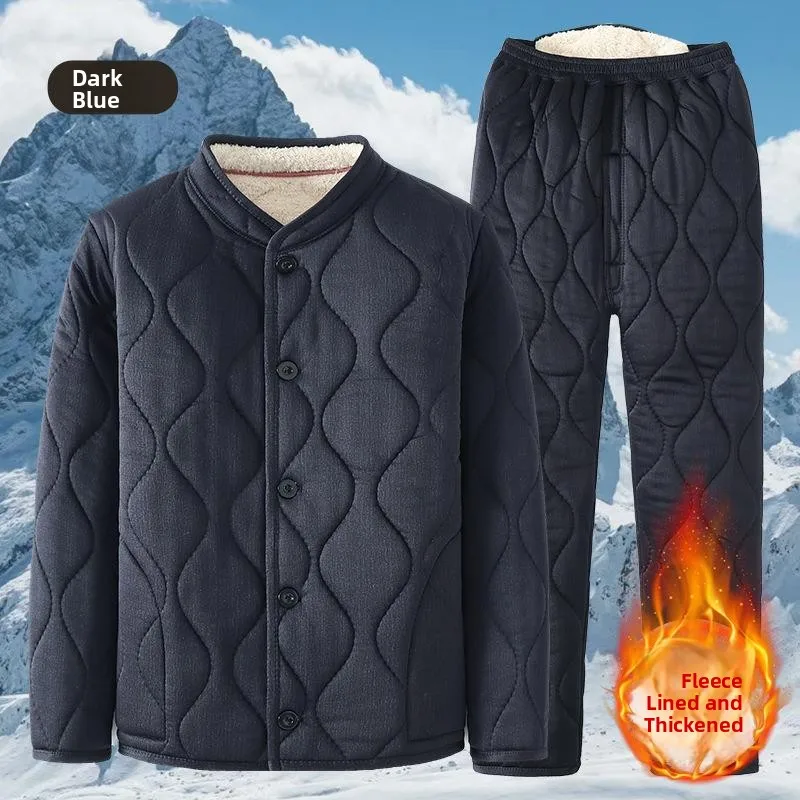 

Men's Winter Thiened Cotton Padded Jaet And Pants Set Warm Camel down Long Sve Clothes for Middle-Aged And ly