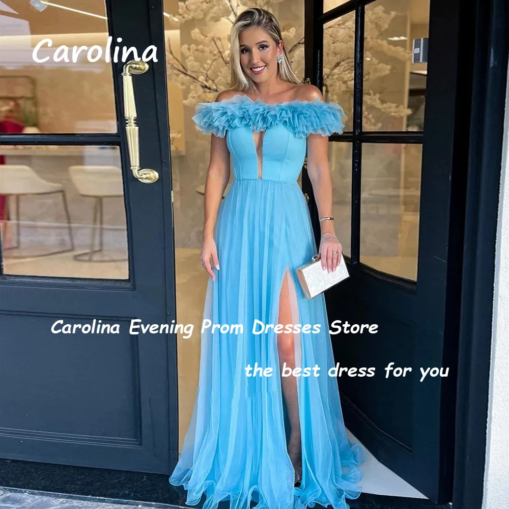 Carolina Green Off The Shoulder Tulle A-LINE Prom dress 2024 Slim Backless Short Sleeve Ankle-Length Formal Evening Dress