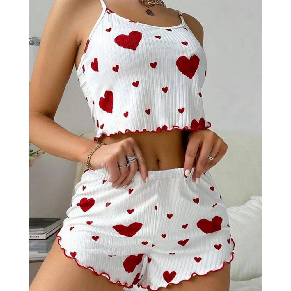 Women Heart Print Spaghetti Strap Top & Bowknot Design Short Sets Summer Two Piece Pajamas Set Sleepwear Casual