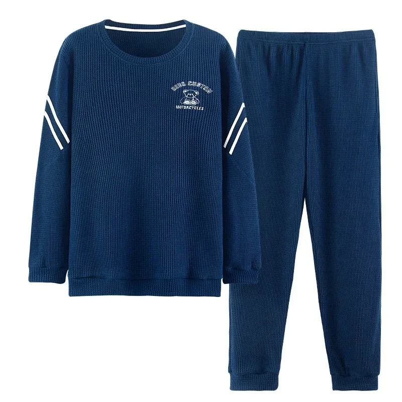 플러스 사이즈 남성용 면 와플 십대 긴팔 잠옷 학생 캐주얼웨어 O넥 상의 바지 투피스 세트 단색