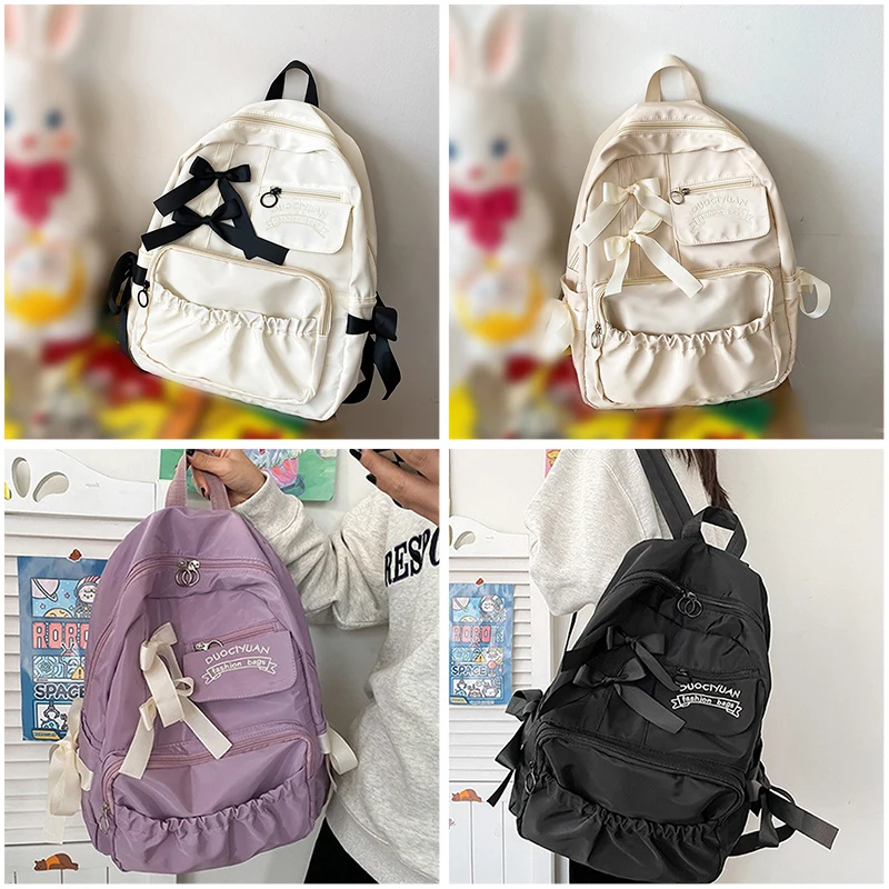 

New Student Backpack Women's Japanese Style Lightweight And Fashionable Backpack Solid Color Simple Bow Casual Travel Backpack