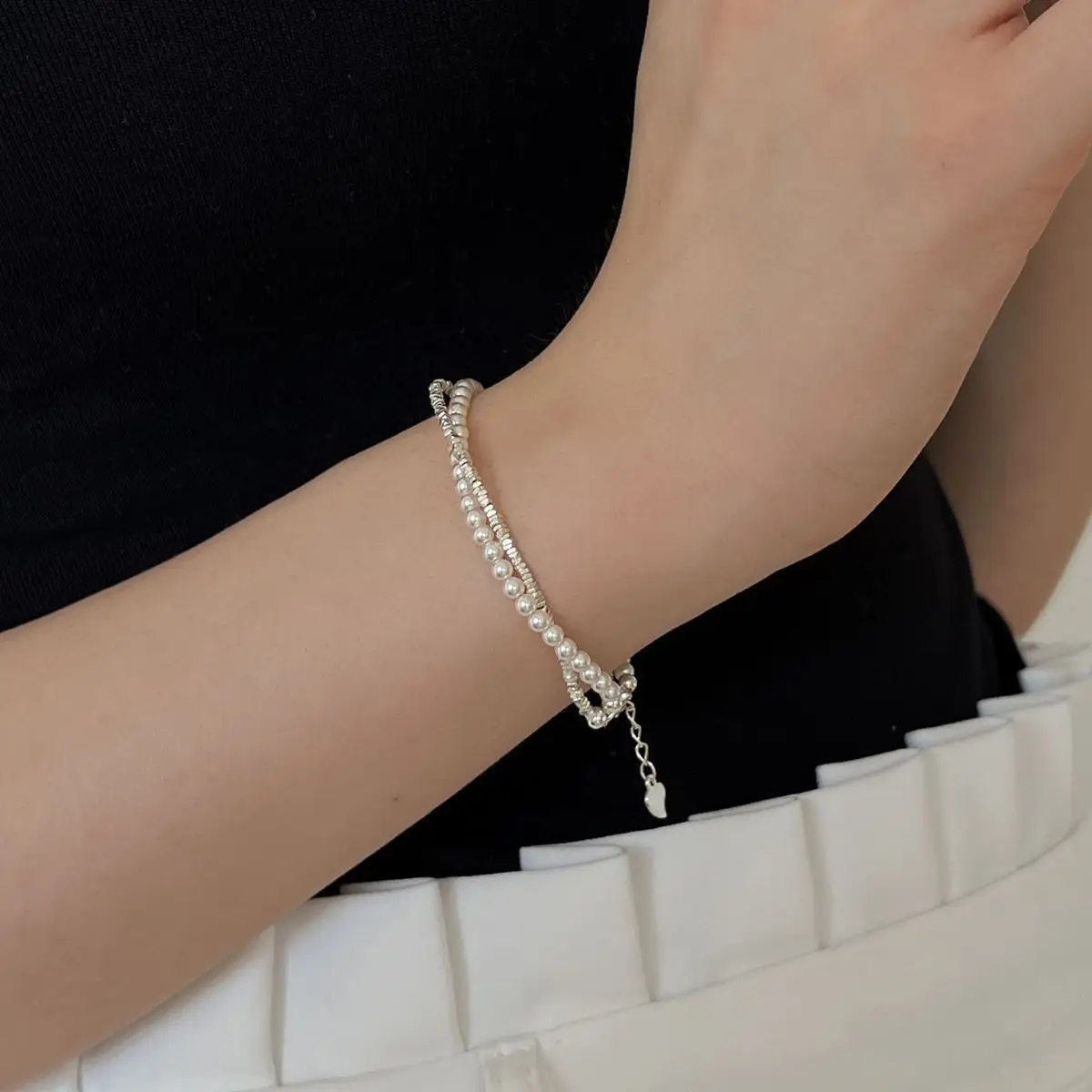 925 Sterling Silver Pearl Bead Bracelet for Women Girl Vintage Design Korean Double Layer Charm Bracelet Luxury Party Jewelry