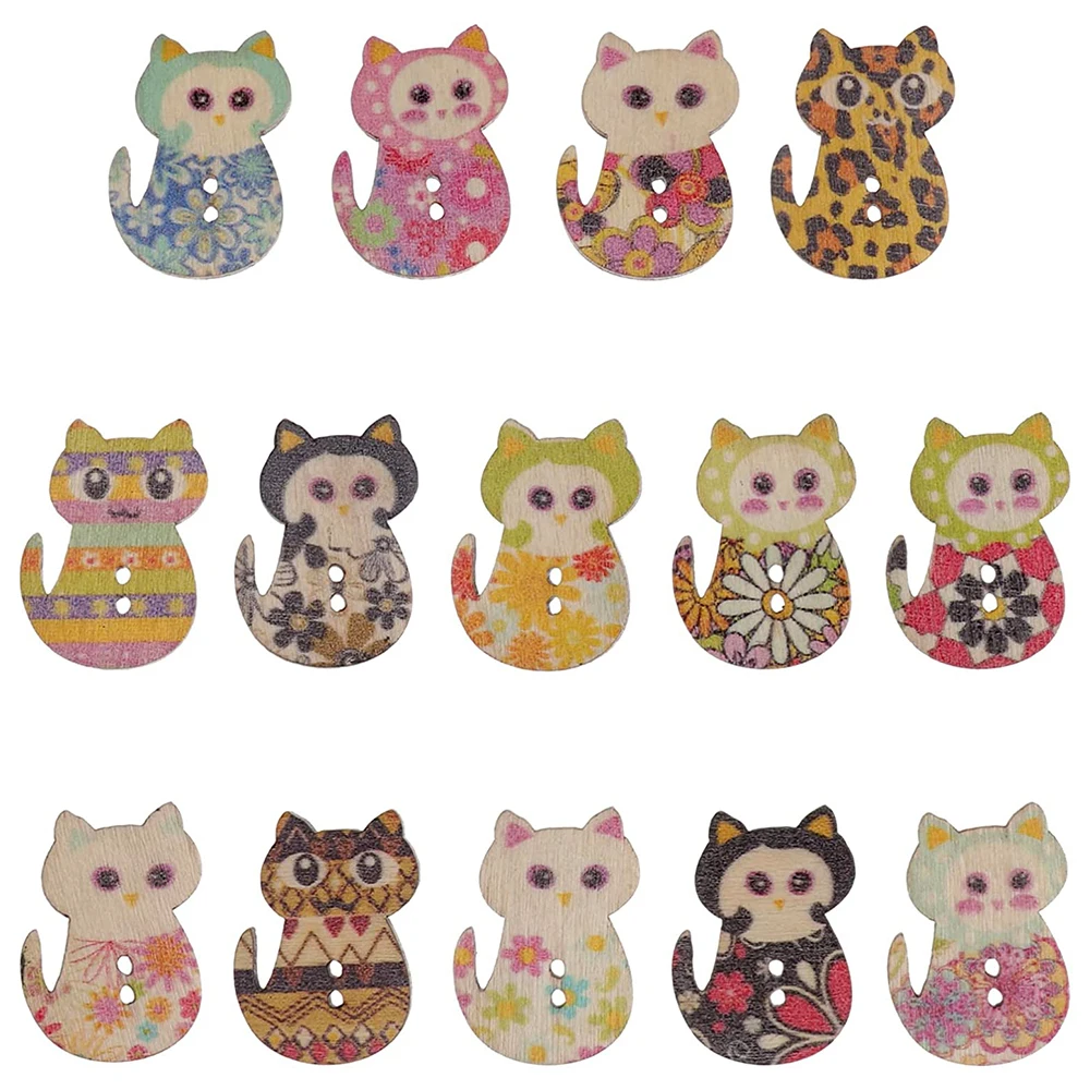 50 PCS/Lot Multicolored Cat Shape 2 Holes Wooden Buttons For Clothing Sewing and Crafting DIY Clothing Sewing Accessories