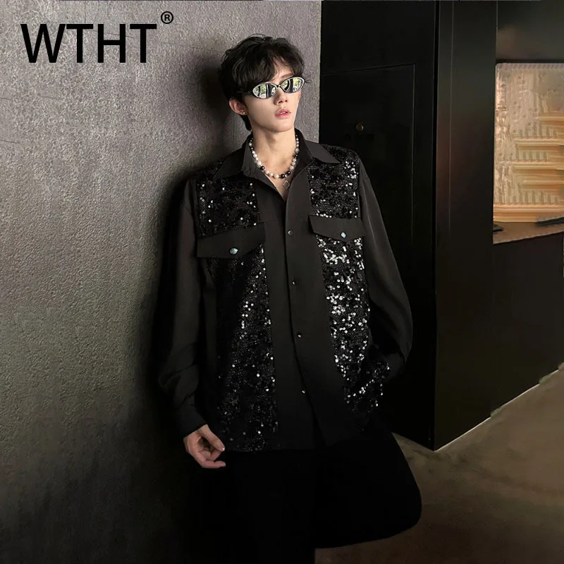 

WTHT Fashion Men's Spliced Sequins Design Casual Shirts Trendy 2025 Autumn Turn Down Collar Long Sleeves Tops Male 2A1781