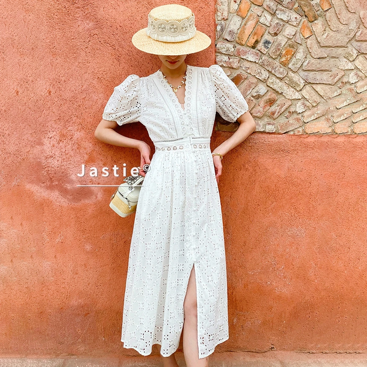 

Elegant White Lace Maxi Dress Women Chic Puff Sleeve Broderie Anglaise V Neck Cotton Dresses Sexy High Slit Vacation Outfit 2026