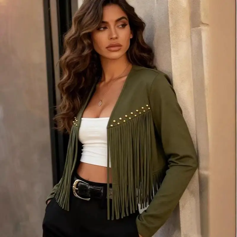 2026 Spring Autumn New Cross Border Women Wear Beautiful Tassel Edging Long Sleeved Jacket Tops Fashion Design Street Style Coat