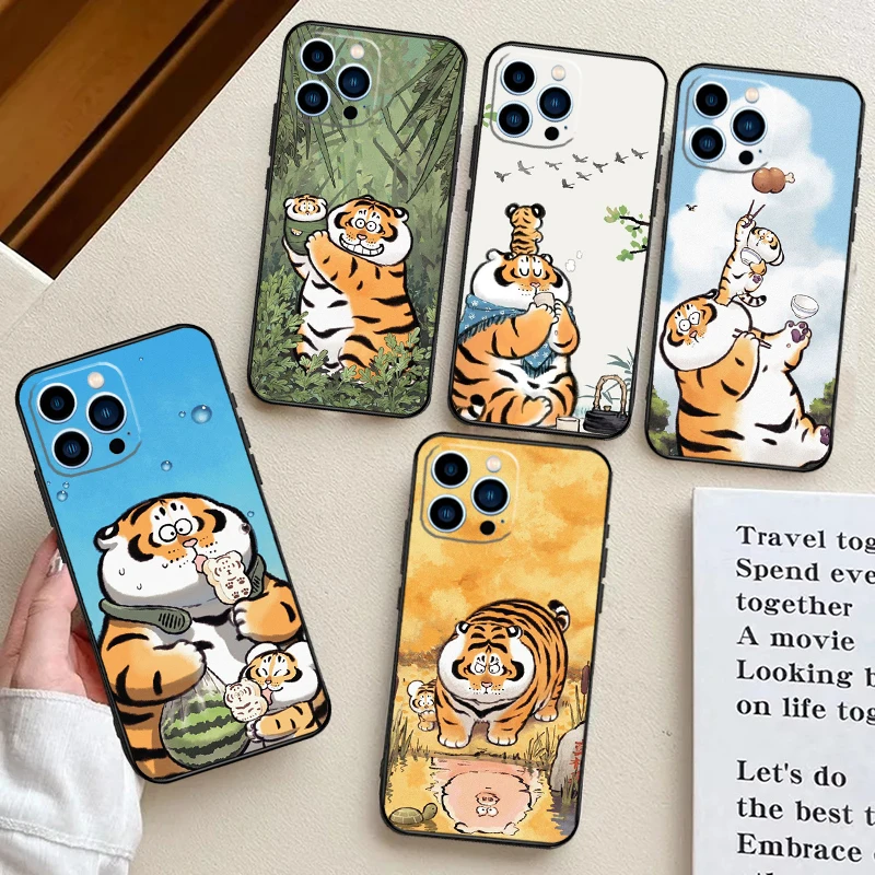 Funda blanda de silicona con diseño de tigre gordo de dibujos animados para iPhone 17 Air 11 15 16 14 Pro Max 12 13 Mini 16 Plus 16e