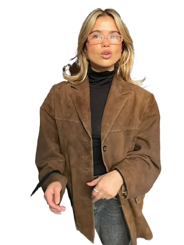 

Casual Brown Lapel Pocket Suede Leather Fashion Woman Single Button Long Sleeve Crop Coat 2024 Lady Autumn Street Outwear