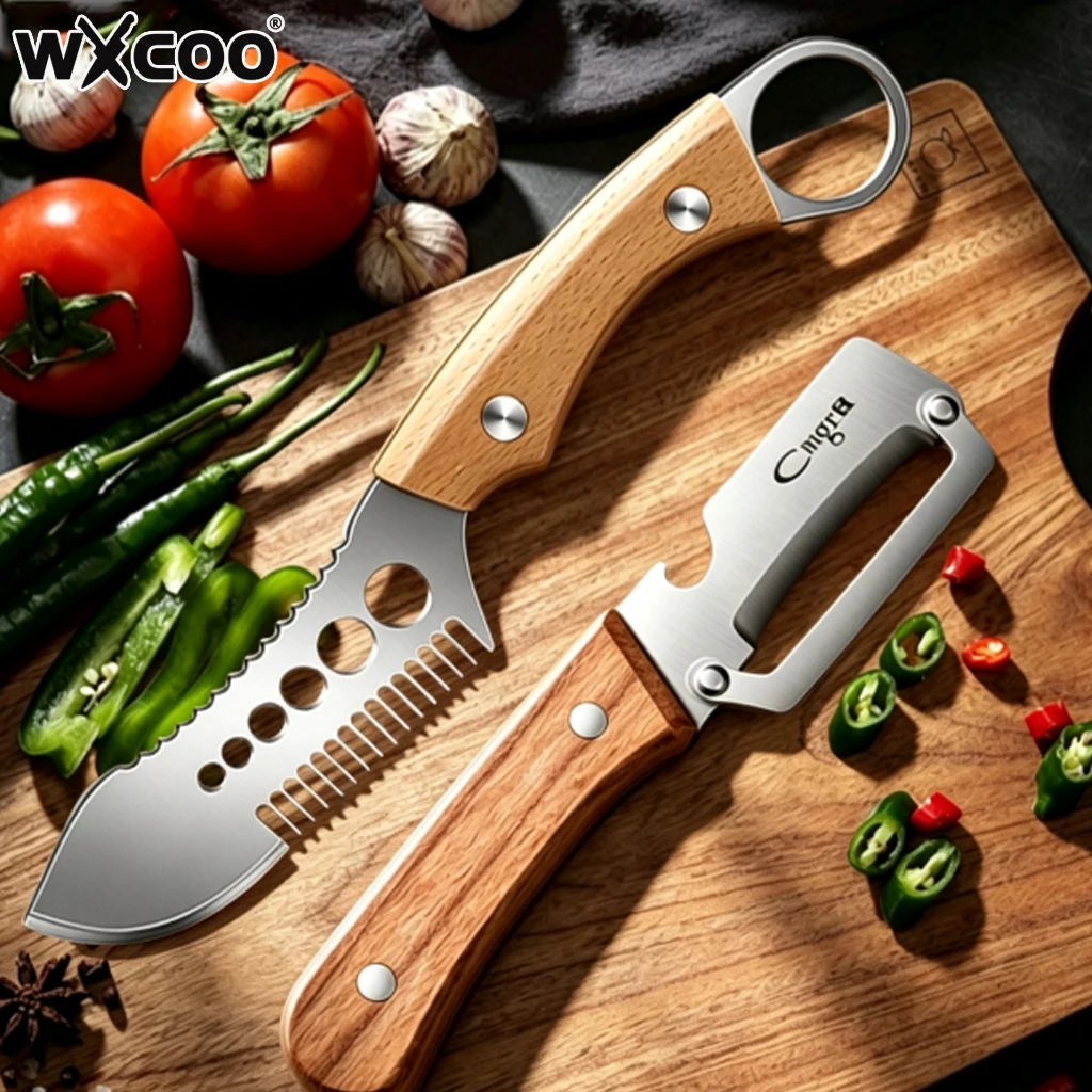 WXCOO Stainless Steel Scallion Slicer Onion Chopper Herb Parsley Cutter Kitchen Fruit Paring Vegetable Peeler with Wooden Handle