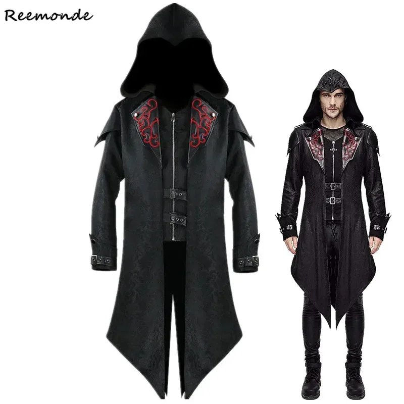 Traje Medieval para hombre, chaqueta victoriana negra Retro de retazos, gabardina Steampunk, chaqueta de frac, abrigo gótico, uniforme Cos