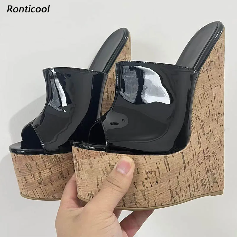 

Ronticool Handmade Black Patent Leather Cork Platform Peep Toe Mules - Wedge Heels Sandals for Women, Custom High Heel Size 5-16