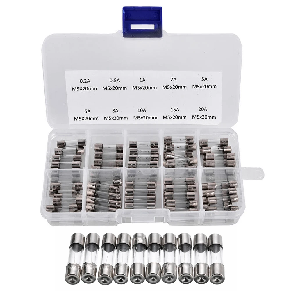 100Pcs Fast-blow Glass Tube Fuse 5 * 20MM Fast Acting Glass Fuse Amp 0.2A-20A Glass Fuse Assortment Pack with Storage Box
