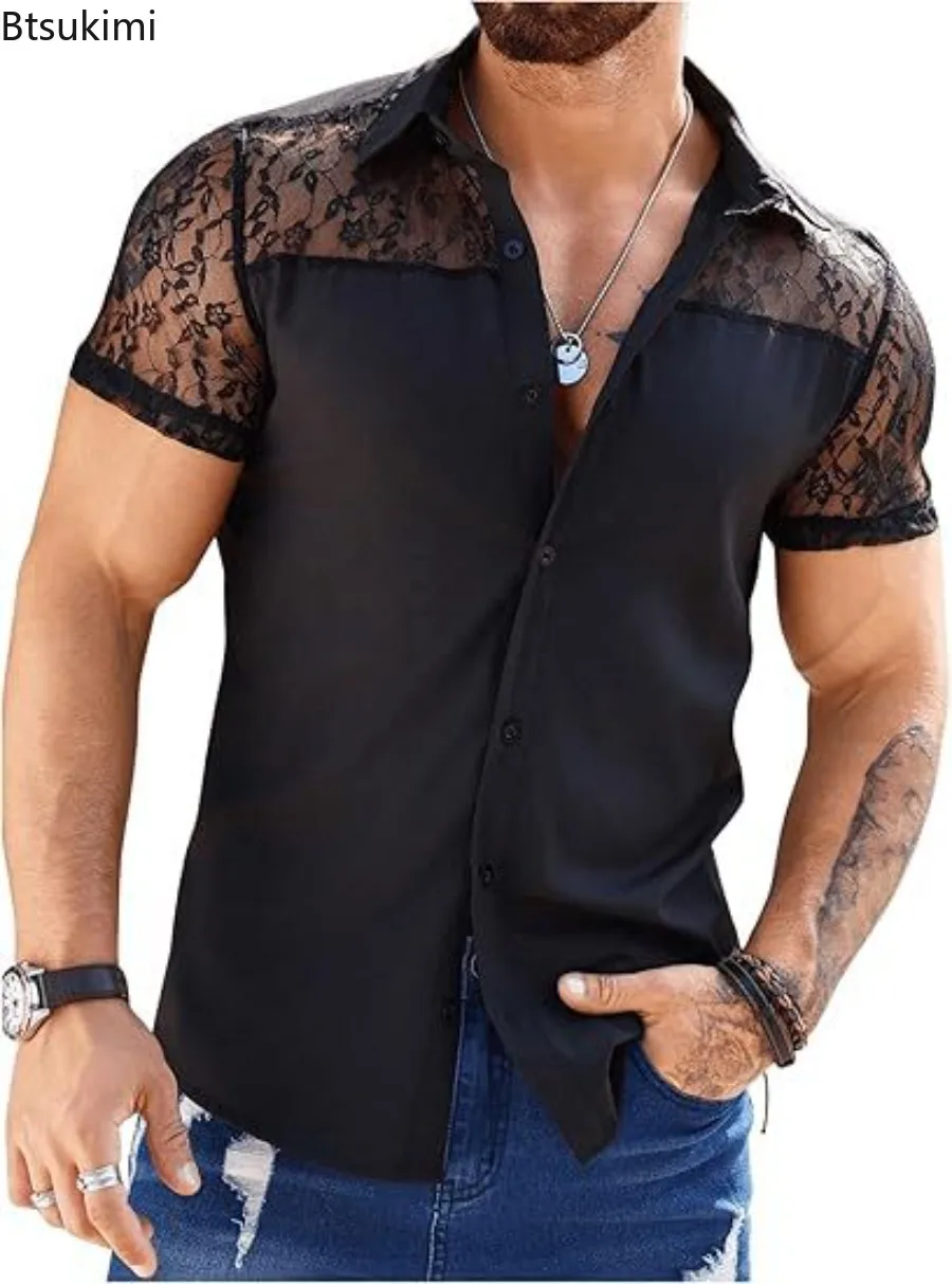 Summer Men's Luxury Mesh Lace Shirts Leisure Hollow-Out Patchwork Short Sleeve Floral Printed Buttoned See-through Male Clothing