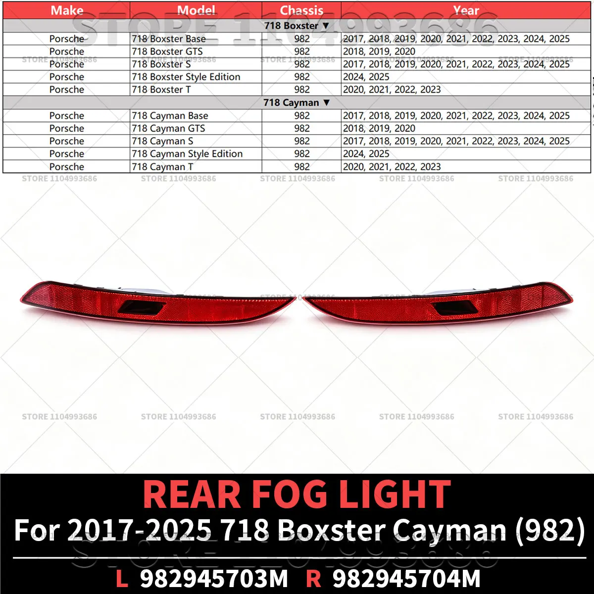 For Porsche 2017-2025 718 Boxster Cayman (982) Base GTS S T Rear Bumper Lights OEM 982945703M 982945704M 982945704K 982945703K