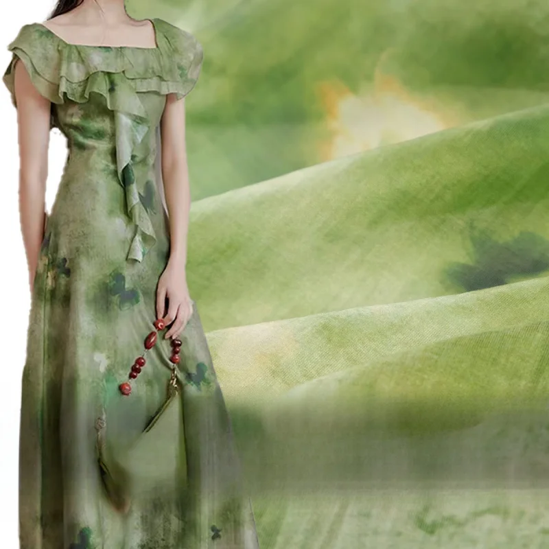 Draping Butterfly moss green irregular tie-dye Tencel linen fabric for spring/summer dresses designer fabricB