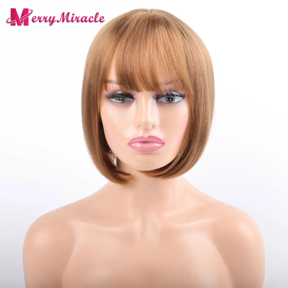 Golden Blonde Bob Synthetic Hair Wig Straight Wig with Bangs Synthetic Short Bob Wig for Women Short Afro Wigs with Fake Scalp