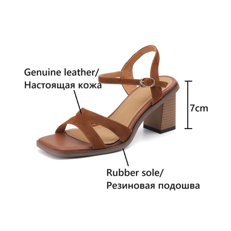 NOWOŚĆ Letnie sandały damskie Oryginalne skórzane buty dla kobiet Square Toe Chunky Heel Shoes Casual Narrow Band Gladiator Brown Shoes