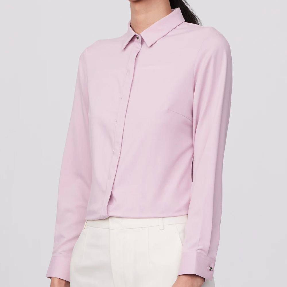 Women's Classic Solid Hidden Button Shirt - Minimalist, Versatile & Chic, Slight Strech Long Sleeve for Work to Weekend Wear