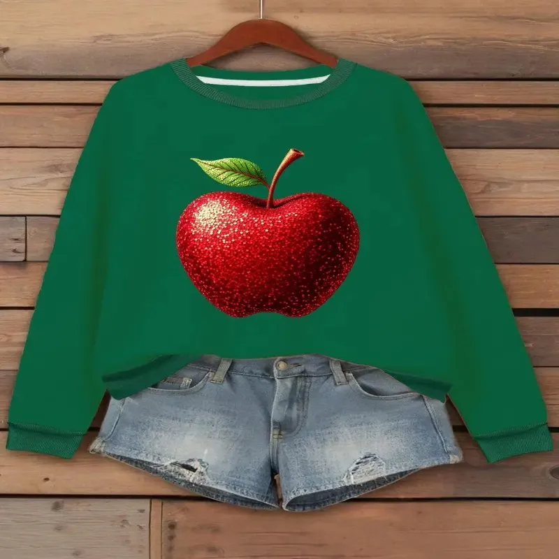 

Зима-Осень, толстовка большого размера, женская одежда больших размеров, женский топ с блестками, блестящий красный дизайн яблока, модная ткань из чистого хлопка