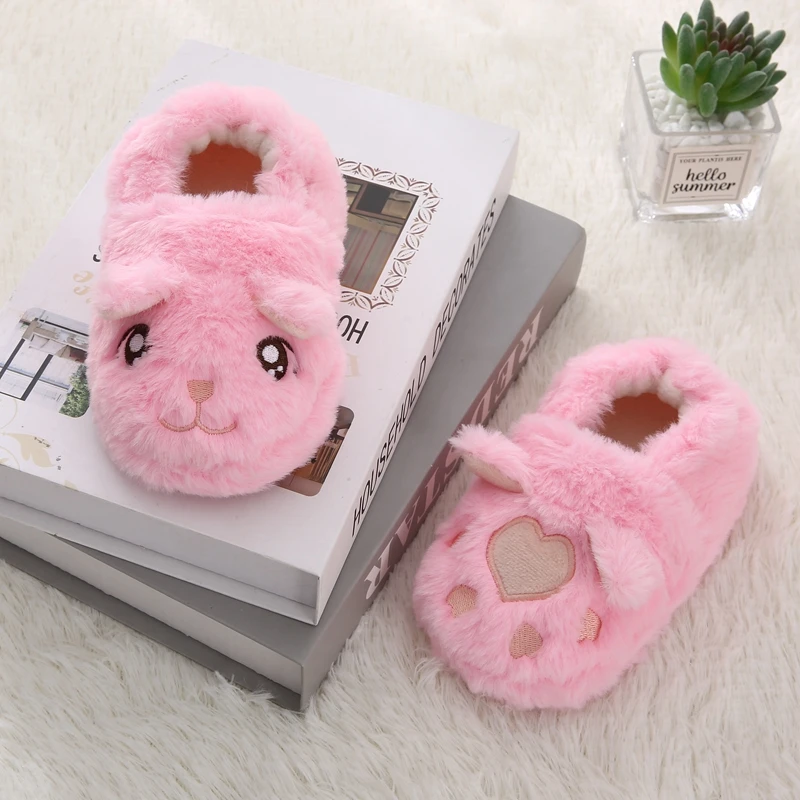 Fashion Toddler Girl Slippers for Winter Baby Loafers Plush Warm Cartoon Cat Paw Rubber Sole Children Home Shoes Indoor Footwear