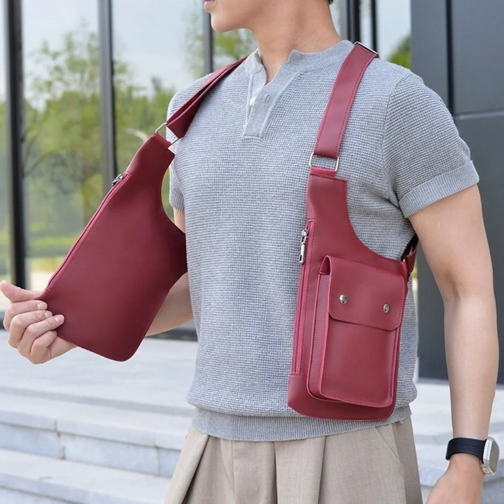 PU Leather Men Chest Bag Vintage Adjustable Strap Double Pocket Backpack Waterproof Lightweight Shoulder Crossbody Bag Cycling