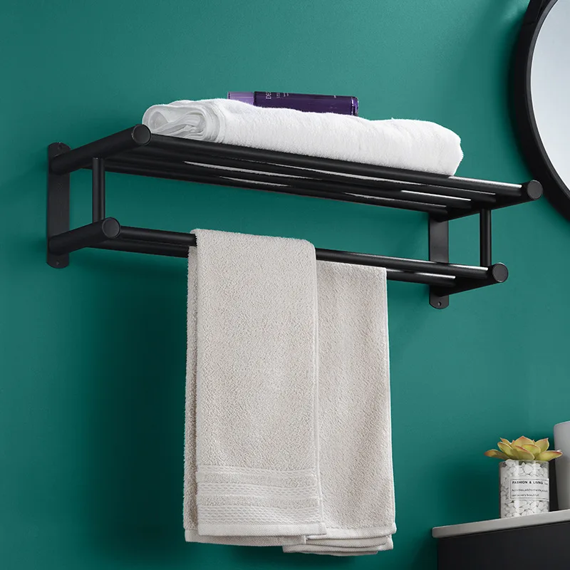 Matte Black No Drilling Towel Rack Movable Holder With Hook Wall Mount Shelf Aluminum Shower Hanger Rail Bathroom Accessories