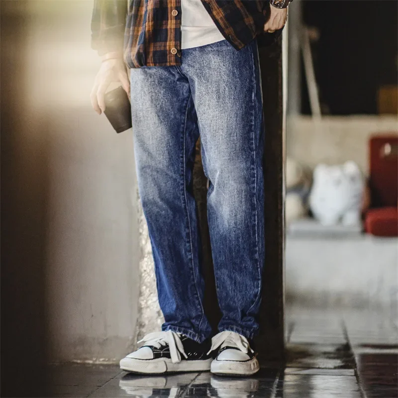 American Vintage Gradient Jeans for Men, New Style, Washed Blue Distressed Mid-rise Straight-leg Casual Denim Long Pants