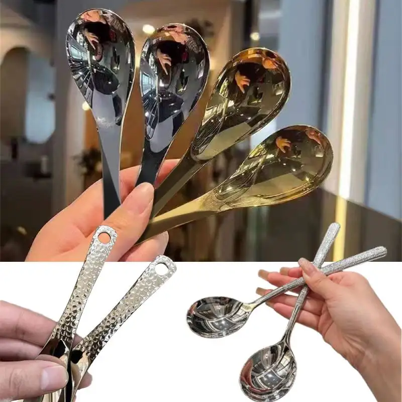 1/2/3PCS Stainless Steel Big Head Round Spoon Net Red Golden Dinner For Kitchen Gadgets Long Handle Stirring Dessert Spoons