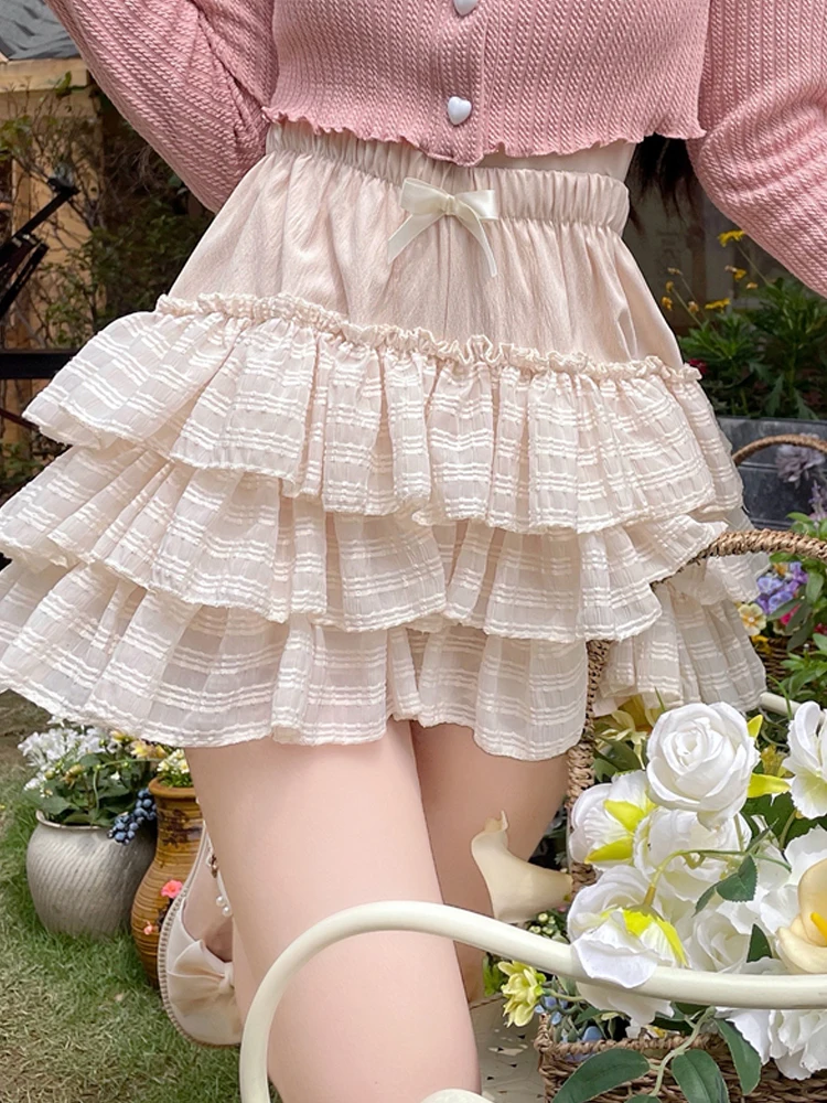 KIMOKOKM Japanese Lolita Ball Gown Skirt Kawaii Ruffled Lace A-Line Underlay Elastic Waist Skirts Sweety Girly Mini Skirt