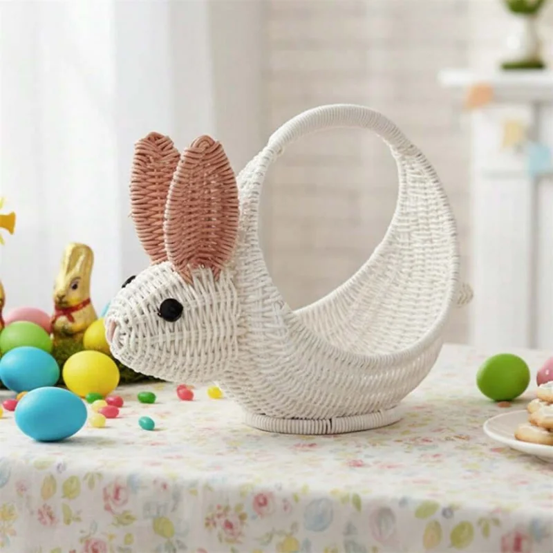 Woven Rattan Rabbit Shaped Basket Creative Snack Holder For Kitchen Countertop Living Space Decoration