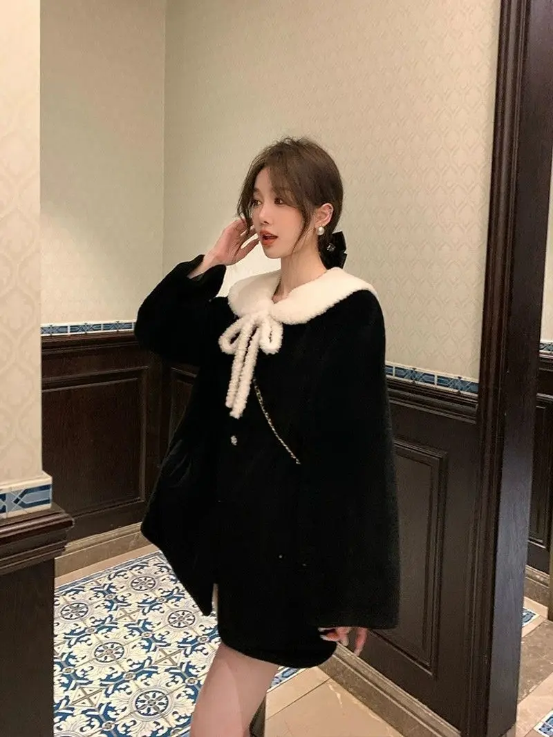 Gaganight Women Black Mink Fur Coat Women's 2024 Winter New Hot Item Cotton Thickened Faux Fur Rabbit Hair Brushed Flower Collar