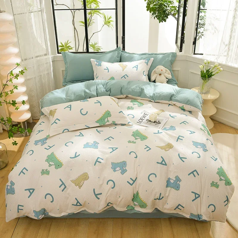 4pcs Letter Printed Duvet Cover Set with Bed Sheet Cartoon Dinosaur Theme Soft Comfort Bedding Boys Girls Teen Bedroom Decor