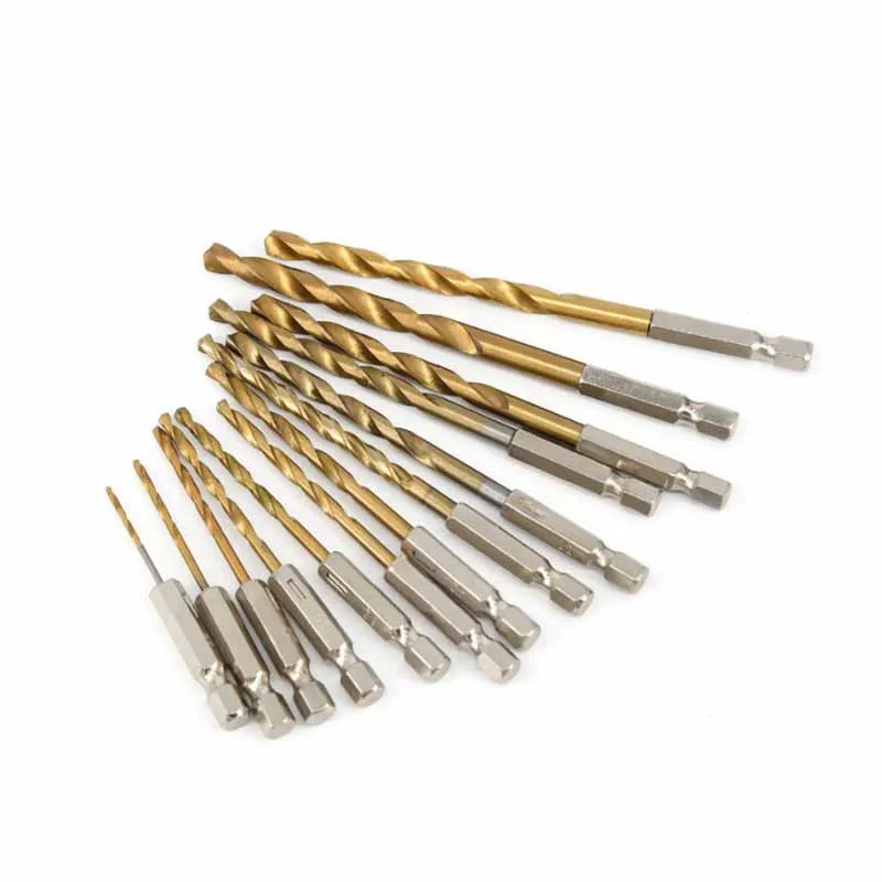1/13Pcs Hexagonal Handle Twist Drill Bits High Speed Steel Titanium Plated Coated 1/4 Inch Hex Shank Drill Bit Tools