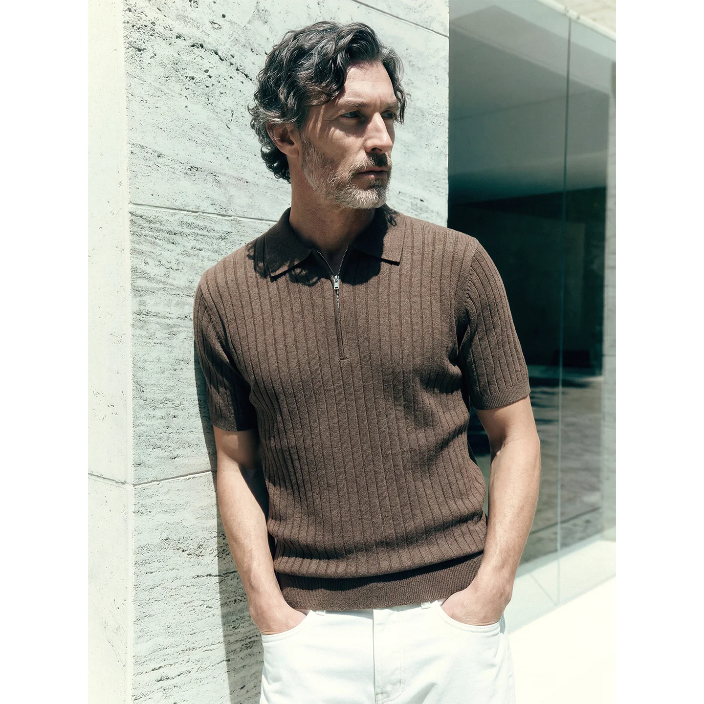 Old money pure cashmere knitted short-sleeved Polo shirt men's summer lapel casual half zipper T-shirt