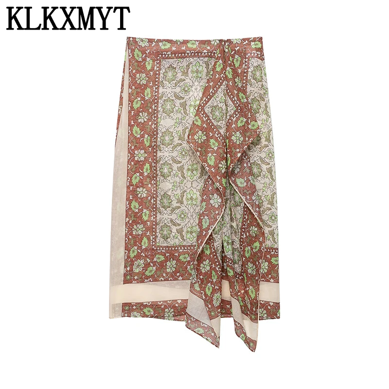 KLKXMYT Vintage Print Sarong Skirts Women 2026 Summer Elegant Vacation Chic Wear High Waist Ruffles Midi Skirt